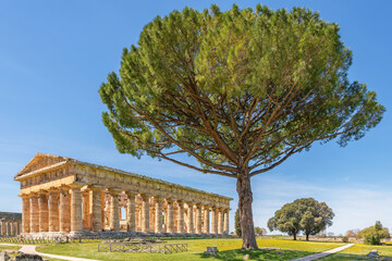 Paestum, Italy; April 18, 2022 - The Temple of Hera at Paestum, which contains some of the most well-preserved ancient Greek temples in the world.