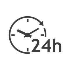Logo con texto 24 h con silueta de esfera de reloj simple con líneas con forma de flecha en círculo en color gris