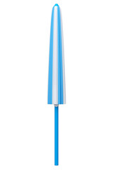 Blue striped beach umbrella for lounge zone on seashore isolated on white.