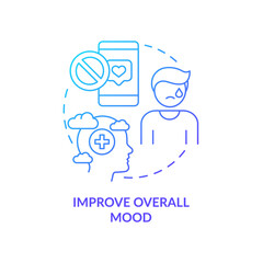 Improve overall mood blue gradient concept icon. Developing depression. Social media detox reason abstract idea thin line illustration. Isolated outline drawing. Myriad Pro-Bold font used