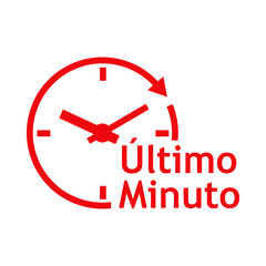 Logo con texto Ultimo Minuto en español con silueta de esfera de reloj simple con líneas con forma de flecha en círculo en color rojo