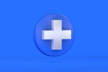 White Plus Mark on blue background. 3D rendering button design concept. 3D rendering