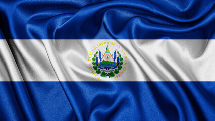 Close up realistic texture fabric textile silk satin flag of El Salvador waving fluttering...