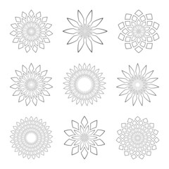 Outline flower icons. Abstract circle design elements set.