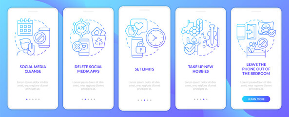 Break social media addiction blue gradient onboarding mobile app screen. Walkthrough 5 steps graphic instructions pages with linear concepts. UI, UX, GUI template. Myriad Pro-Bold, Regular fonts used