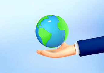 Human hand holding globe isolated on blue background. Sustain earth concept. Green Planet in Your Hands. Save Earth. Environment Concept. Vector cartoon 3d illustration