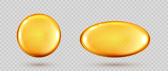 Gold oil capsule, vitamin round pill. Cosmetics, omega 3 golden bubble. Serum droplets or collagen essence isolated on transparent background