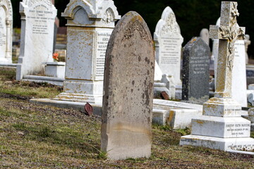 Historic tombstones in a graveyard in Stanley, Falkland Islands