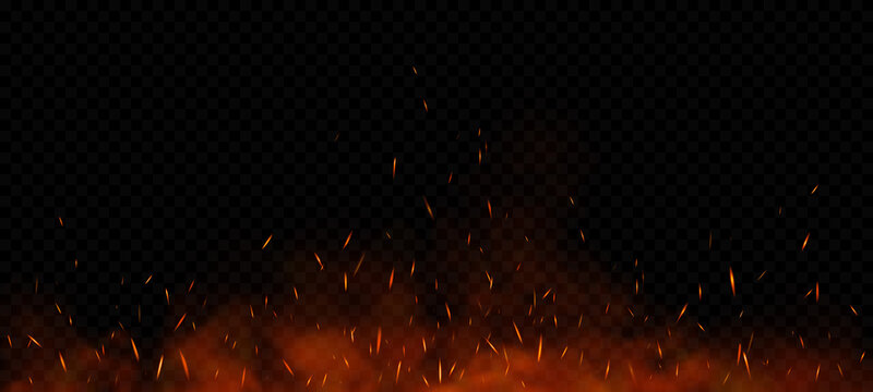 Vector red fire sparks flying up. Burning glowing particles. Flame of fire with sparks isolated on a black transparent background.