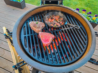 A kamado egg type barbeque grill standing on a living house terrace with roasted tuna steaks and...