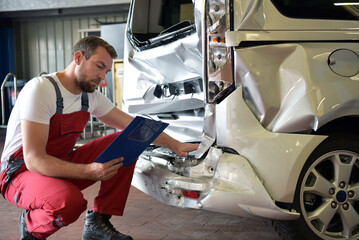 Car mechanic examines accident vehicle in a workshop for repair