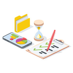 Folder, mobile charts screen, clock, clipboard, check marks. Vector 3d line isometric, color web icons, new flat style. Creative design idea for infographics.