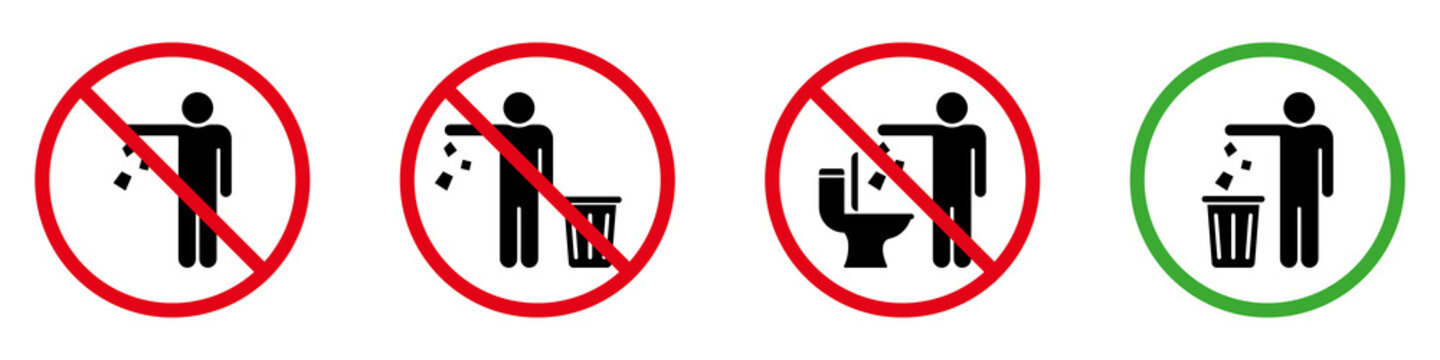 Keep Clean Silhouette Sign. Allowed Throw Rubbish, Waste, Garbage in Bin Symbol. Do Not Throw Trash in Toilet Glyph Icon. Warning Please Drop Litter in Bin Sticker. Isolated Vector Illustration