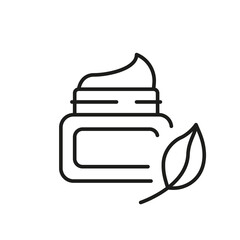 Organic Cream in Jar and Leaf Line Icon. Natural Moisturizer Cosmetic in Plastic Container Linear Pictogram. Beauty Nature Product for Skin Outline Icon. Editable Stroke. Isolated Vector Illustration