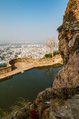 Exterior of Chittorgarh fort and the Gaumukh Reservoir in Rajasthan, India, Asia