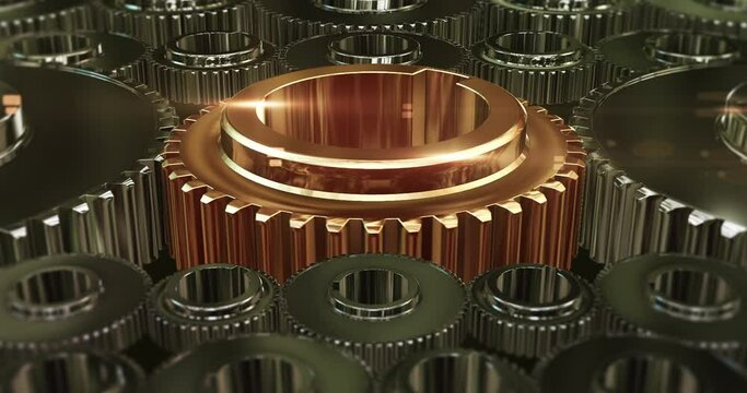 Shiny Golden Gear Slowly Rotating In The Center. Perfect Loop. Industry And Teamwork Related 3D Animation.