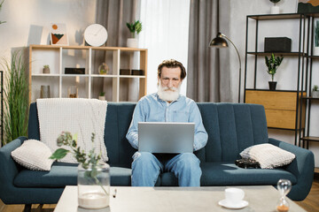 Portrait of focused man with grey beard mature male in casual clothes, sitting on blue soft couch and chatting with friends, family, relatives during video call on laptop while spending time at home