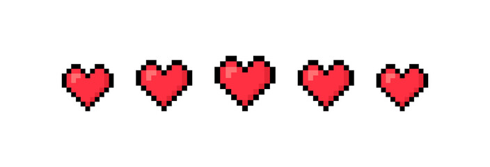 Five pixel hearts collection. Pixel game life bar, gaming controller. Rate your love. Love measuring indicator with hearts. Vector art 8 bit