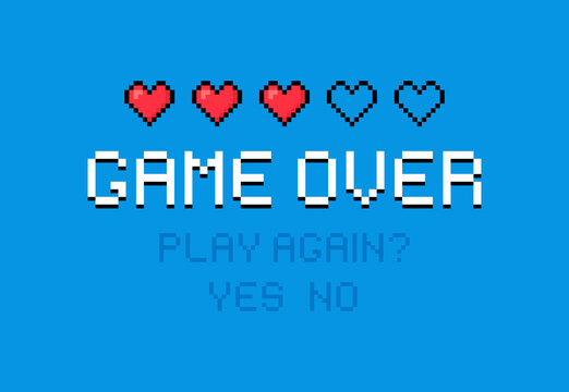 Game over pixel art design with hearts. 8bit pixel art design for game, life bar, gaming controller. Vector illustration
