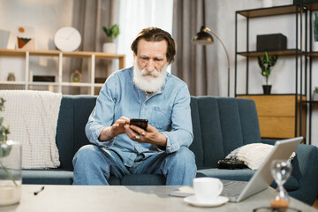 Portrait of happy man with grey beard mature male in casual wear, holding smartphone in hands, sitting on sofa couch, relaxing in living room at home, and looking at phone during leisure time.