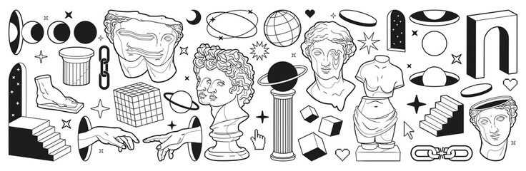 Abstract greek ancient sculpture and surreal geometric shapes in trendy psychedelic weird style.