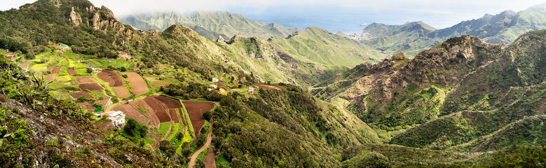 Aerial view of the Anaga Mountain Range with the atlantic ocean in the back, Tenerife, Canary Islands