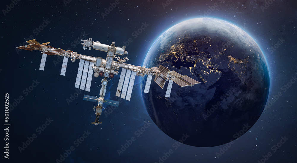 Leinwandbilder international space station in outer space. iss on orbit of earth planet. space sci-fi collage with 