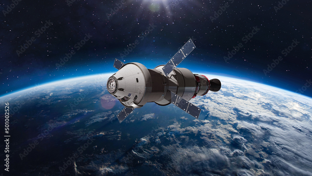 Poster Orion spacecraft flight in space. Spaceship on orbit of Earth. Sci-fi wallpaper. Artemis space program. Expedition to Moon. Spaceship with astronauts. Elements of this image furnished by NASA 