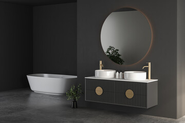 Modern minimalist bathroom interior, modern bathroom cabinet, double sink, interior plants, bathroom accessories, bathtub and toilet . 3d rendering
