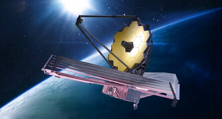 JWST in outer space. James Webb telescope far galaxy explore. Observatory on orbit of Earth planet. Sci-fi space collage. Astronomy science. Elemets of this image furnished by NASA
