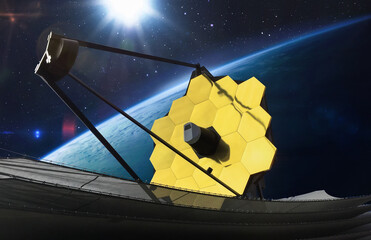 James Webb telescope in outer space. JWST Observatory far galaxy explore. Observatory on orbit of Earth planet. Sci-fi space collage. Astronomy science. Elemets of this image furnished by NASA
