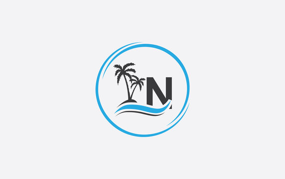 Nature water wave and beach tree vector art logo design with the letter and alphabet