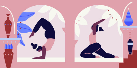 Women exercising yoga vector illustration. Yogis in poses, women practicing asana texture. Relaxing environment. Concept of meditation. Beautiful room and plants. Cartoon flat style. Healthy lifestyle