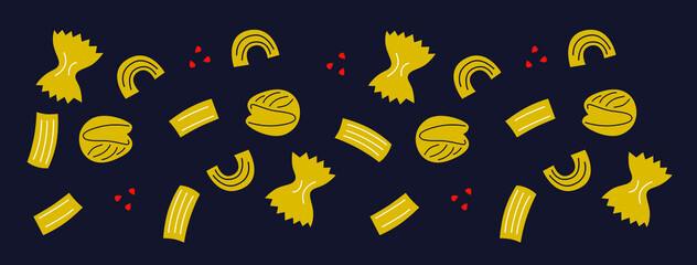 Abstract noodles set. Italian pasta with tomato funny cartoon illustration. Vector on black backgroun. Funny colored typography poster, advertising, packaging print design, restaurant menu decoration.