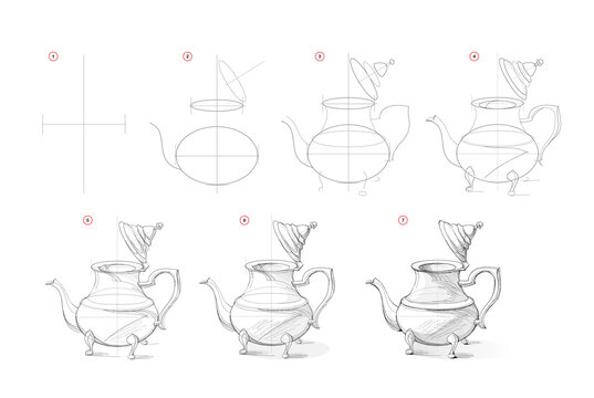 Page shows how to learn to draw sketch of antique Moroccan teapot. Creation step by step pencil drawing. Educational page for artists. Textbook for developing artistic skills. Online education.