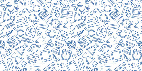 School vector seamless pattern, blue line art stationery doodle. Education background outline design. Study illustration