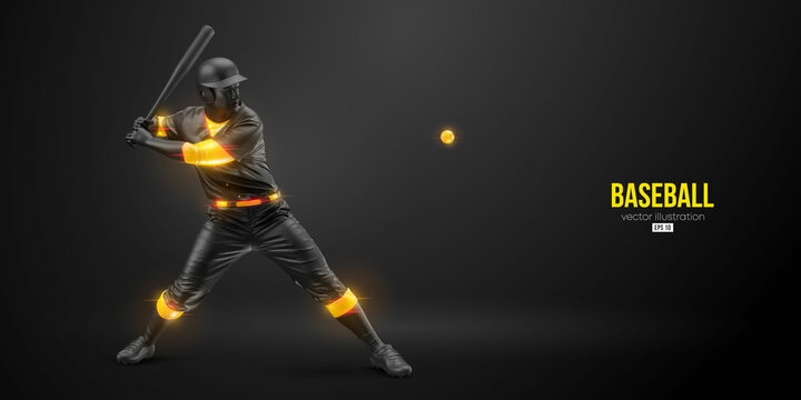 Abstract silhouette of a baseball player on black background. Realistic baseball player batter hits the ball. Vector illustration