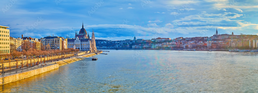 Poster Panorama of Budapest with Parliament and landmarks of Buda, Hungary