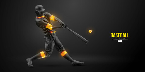 Abstract silhouette of a baseball player on black background. Realistic baseball player batter hits the ball. Vector illustration