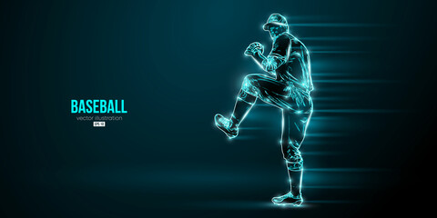 Abstract silhouette of a baseball player on blue background. Baseball player batter hits the ball. Vector illustration - obrazy, fototapety, plakaty