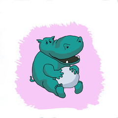 Cheerful hippopotamus with a blue ball on a pink background in cartoon style