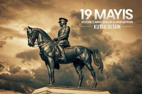 Victory Monument of Mustafa Kemal Ataturk. "19 Mayis Ataturk'u anma, genclik ve spor bayrami kutlu olsun" English: "May 19,  Happy  Youth and Sports Day. Created by Heinrich Krippel who died in 1945.