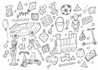 Children Toys doodle icon set. Kids Life Style Vector illustration collection. Vector sketch of toys for children