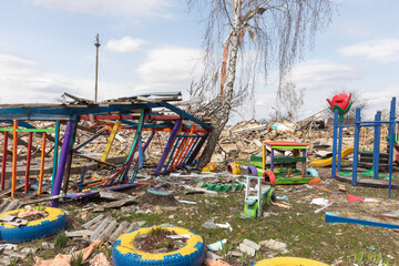 War in Ukraine. Heavily damaged kindergarten.