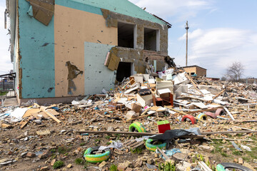 War in Ukraine. Heavily damaged kindergarten.