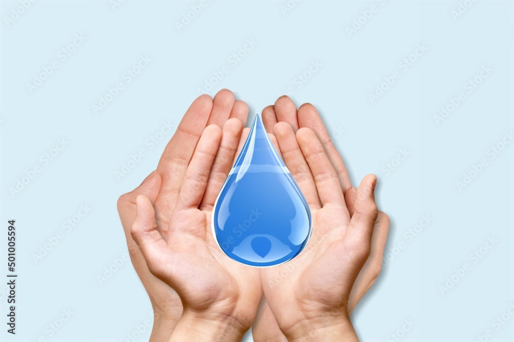 Sticker Two hands holding water drop, world water day concept,save water, clean renewable energy concept