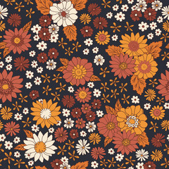 Floral vintage seamless pattern. Boho vector background. Hippie flower power retro textile print. Groovy botanical wallpaper