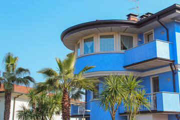 Fototapeta na wymiar blue house with palm trees