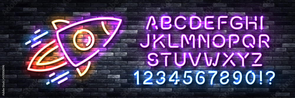 Sticker vector realistic isolated neon sign of rocket logo with easy to change alphabet font on the wall bac