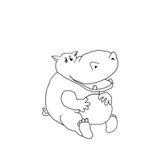 Contour drawing of a little isolated hippopotamus sitting with a ball